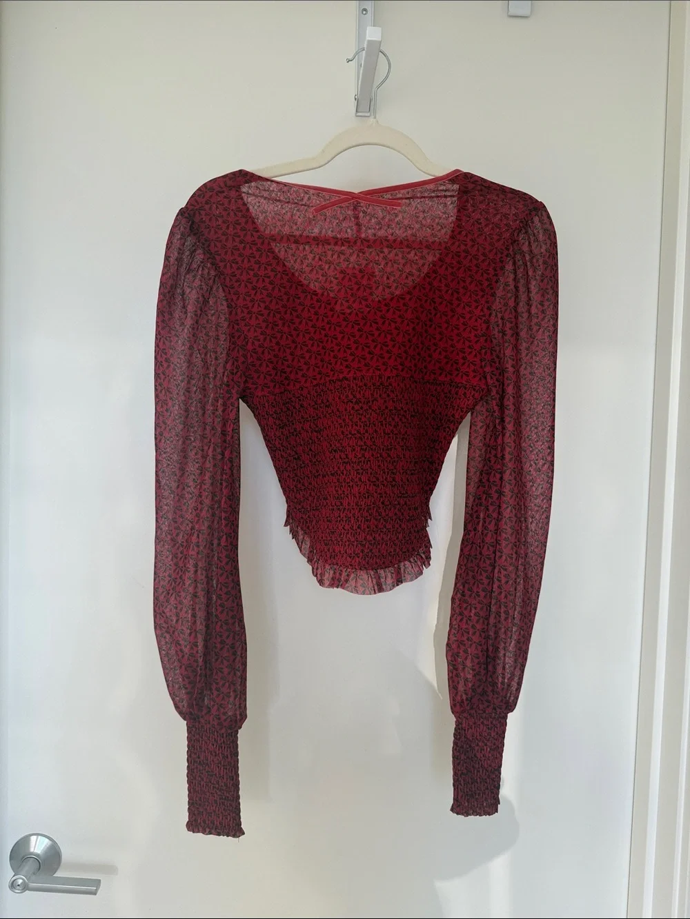 Free People Burgundy Printed Mesh Crop Top with Smocked Cuffs